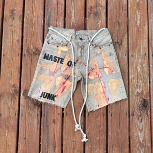 Tan and Red Jean Shorts with Distressed Design